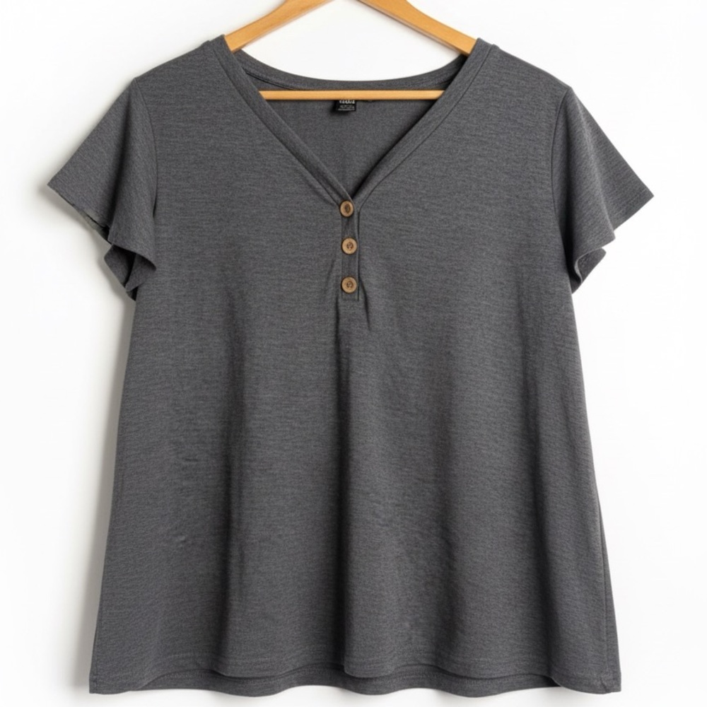 SHEIN Gray Short Sleeve Tee with Button Detail